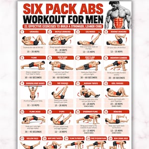 May include: A white instructional poster titled SIX PACK ABS WORKOUT FOR MEN featuring 21 numbered exercise illustrations with red headers and text instructions. The chart includes A4 and US LETTER sizing text at the top and a muscular figure.