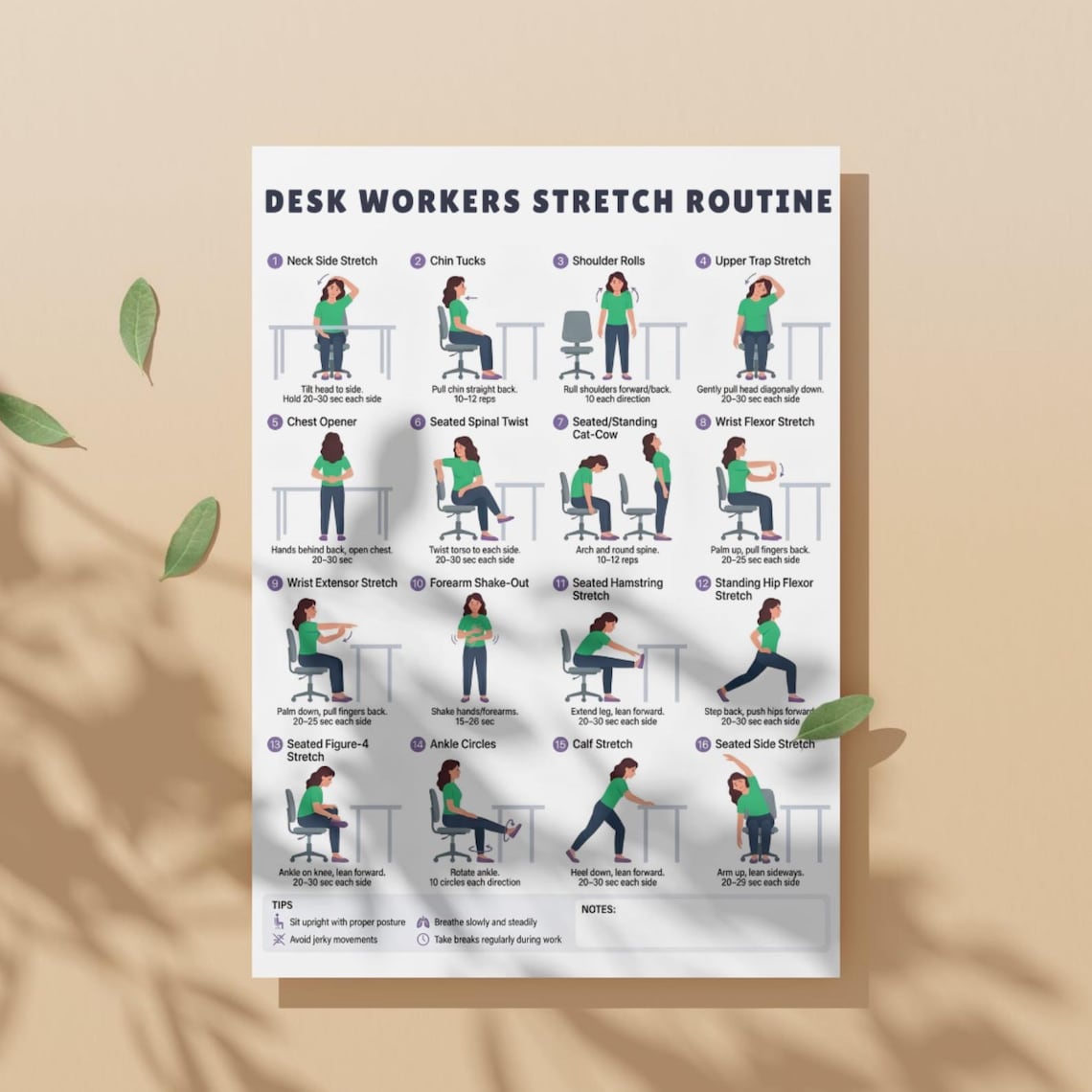 Desk Stretch Routine Printable, Workplace Stretching Guide, Desk