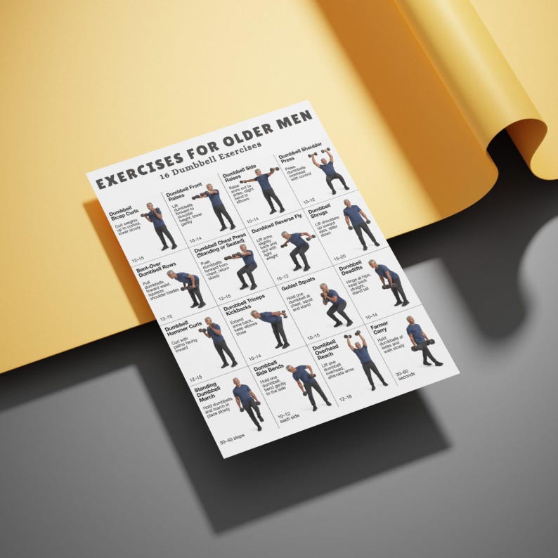 May include: A white poster titled "Exercises for Older Men" with 16 dumbbell exercises illustrated. The poster is on a yellow and gray surface. The exercises include dumbbell front raises, side raises, and shoulder press.