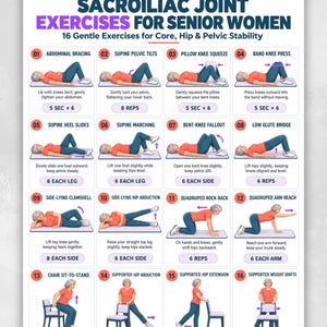 Könnte beinhalten: Eine digitale Übersicht mit dem Titel Sacroiliac Joint Exercises for Senior Women, die 16 nummerierte Illustrationen körperlicher Übungen zeigt. Jeder Abschnitt enthält einen Titel, eine Abbildung einer Person in rotem Oberteil und blauer Hose sowie Anleitungen.