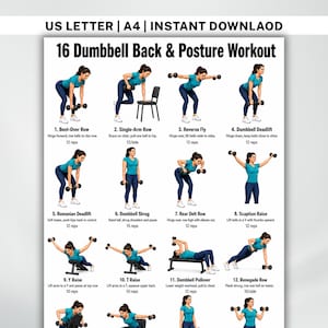 May include: A white instructional poster titled 16 Dumbbell Back & Posture Workout featuring illustrations of a person in a teal shirt and blue leggings performing various exercises with dumbbells, including rows, deadlifts, and raises with text.