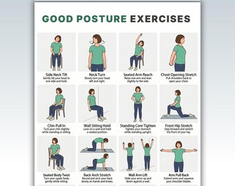 Puede incluir: Un póster blanco con el texto "GOOD POSTURE EXERCISES" e ilustraciones de varios ejercicios. Los ejercicios incluyen inclinaciones de cuello, estiramientos de brazos y estiramientos, diseñados para mejorar la postura. El póster está etiquetado como "US LETTER | A4 | INSTANT DOWNLOAD".