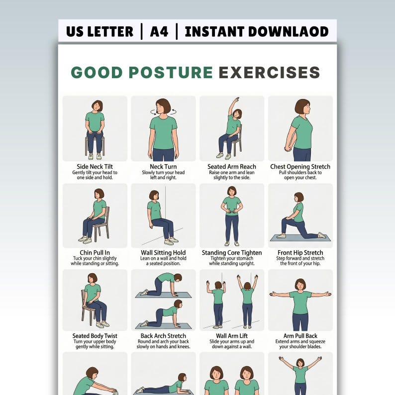 Good Posture Exercises Chart | Printable Back and Neck Workout Poster ...
