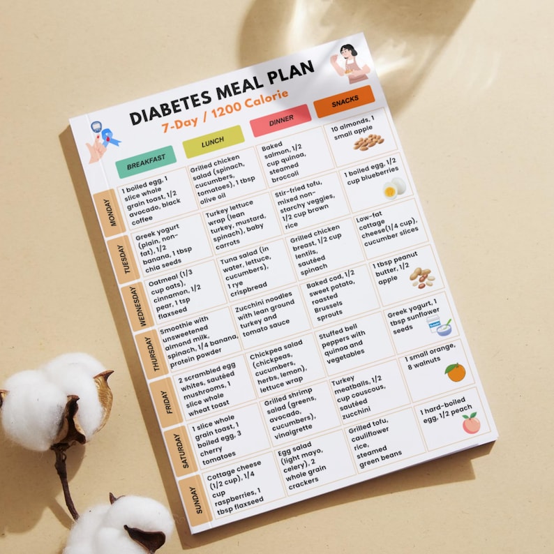 Diabetes Meal Plan Printable | 7-day 1200 Calorie Menu | Low Glycemic ...
