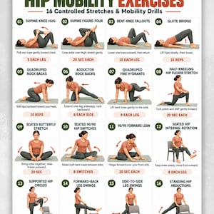 Puede incluir: Un cartel instructivo digital titulado Hip Mobility Exercises que presenta 16 ilustraciones numeradas de una persona con camiseta color óxido y leggings grises realizando varios estiramientos y ejercicios de movilidad con instrucciones.