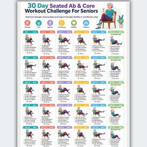 May include: A 30-day seated ab and core workout challenge chart for seniors, featuring A4 and US Letter sizing. The document includes daily exercise routines with illustrations of a person performing seated movements, recovery days, and icons.