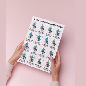 May include: A printed guide titled "16 Tai Chi Chair Workouts for Seniors" held by hands against a pink background. The guide features illustrated exercises, including Seated Breathing, Neck Circles, and Wrist Circles. The illustrations show people performing the exercises.