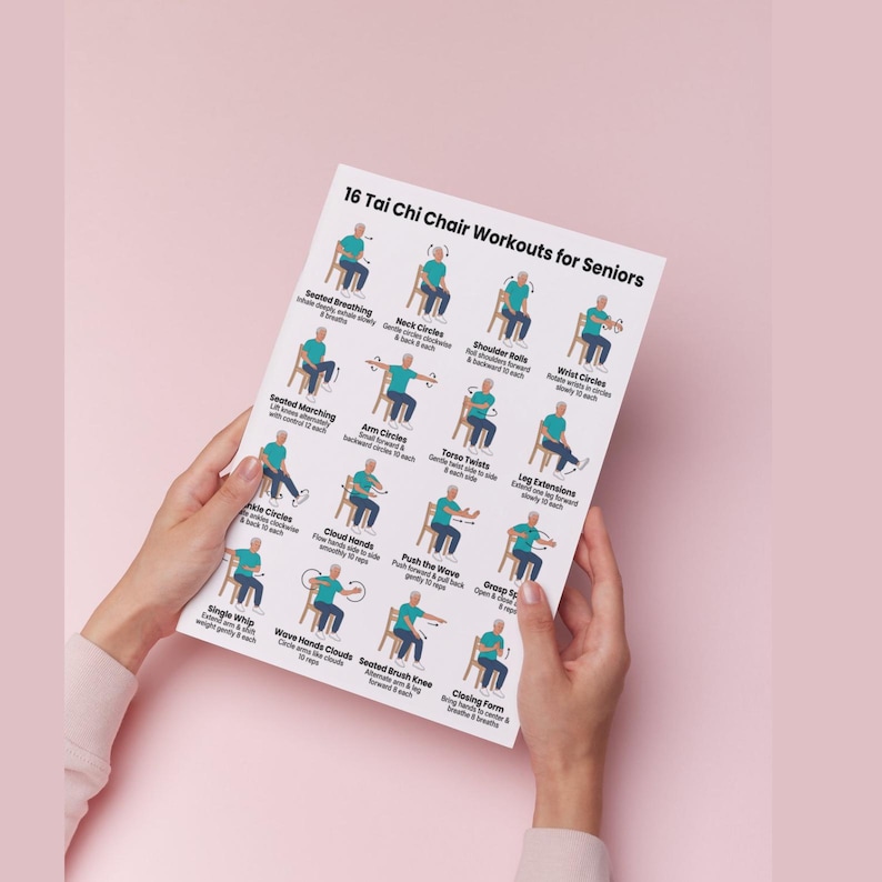 May include: A printed guide titled "16 Tai Chi Chair Workouts for Seniors" held by hands against a pink background. The guide features illustrated exercises, including Seated Breathing, Neck Circles, and Wrist Circles. The illustrations show people performing the exercises.