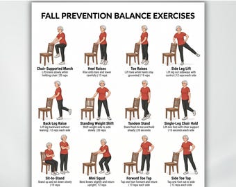 Puede incluir: Un gráfico de ejercicios imprimible titulado "Ejercicios de equilibrio para la prevención de caídas". El gráfico presenta ilustraciones de varios ejercicios, incluyendo marcha con apoyo de silla, elevaciones de talones, elevaciones de puntillas y elevaciones laterales de piernas.