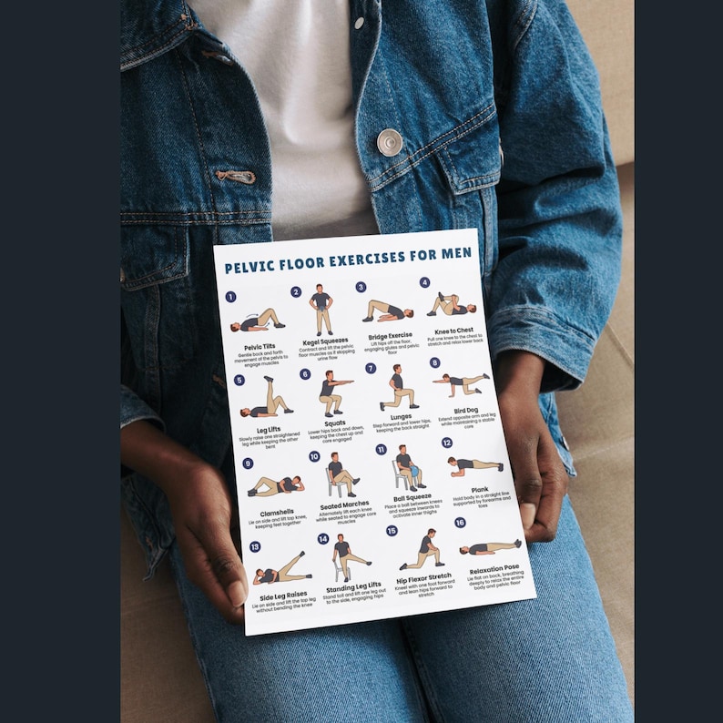 May include: A white printed sheet titled "PELVIC FLOOR EXERCISES FOR MEN" held by a person wearing a denim jacket. The sheet illustrates 16 exercises with accompanying text and diagrams, including exercises like Pelvic Tilts, Kegel Squeezes, and Leg Lifts.