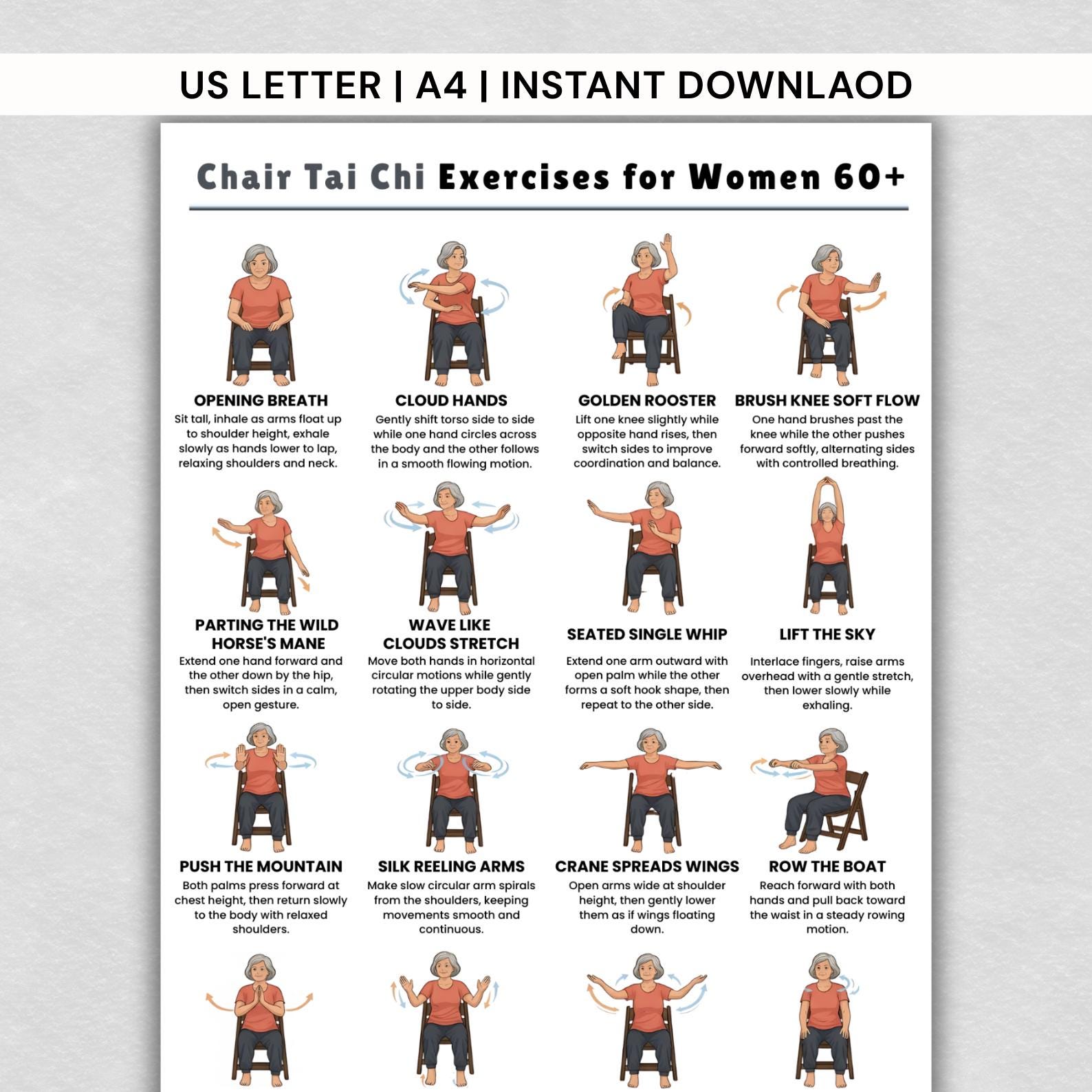 Chair Tai Chi Exercises for Women 60+ Printable PDF, Seated Balance