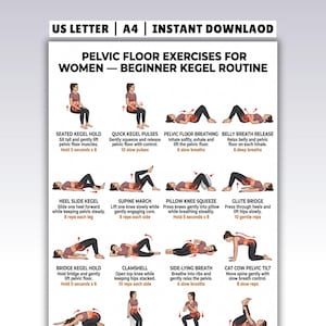 Könnte beinhalten: Ein weißes Lehrplakat mit dem Titel Pelvic Floor Exercises for Women—Beginner Kegel Routine. Es zeigt zwölf illustrierte Figuren, die verschiedene Übungen ausführen, mit Textbeschreibungen und Wiederholungszahlen für jede Bewegung.