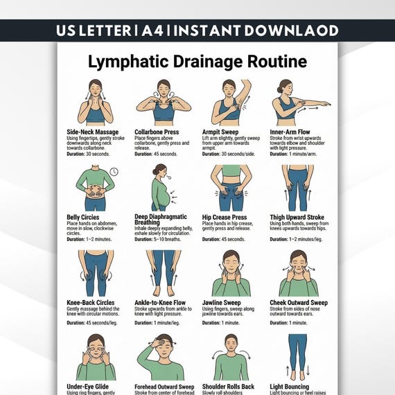 Lymphatic Drainage Chart, Lymphatic Self Massage & Detox, Gentle Circulation Exercise PDF Poster , Instant Digital Download