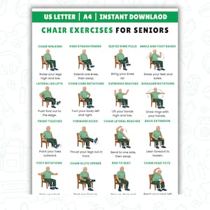 Puede incluir: Una guía de ejercicios imprimible titulada "Chair Exercises for Seniors". El gráfico verde y blanco presenta ilustraciones de varios ejercicios sentados, incluyendo elevaciones de piernas, estiramientos y rotaciones, diseñados para la forma física y la movilidad de las personas mayores.