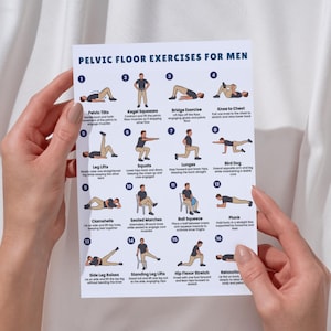 May include: A white poster with the title "PELVIC FLOOR EXERCISES FOR MEN" and illustrations of various exercises. The exercises include pelvic tilts, kegel squeezes, bridge exercise, knee to chest, leg lifts, squats, lunges, bird dog, clamshells, seated marches, ball squeeze, plank, side leg raises, standing leg lifts, hip flexor stretch, and relaxation.
