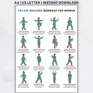 Könnte beinhalten: Ein druckbarer Tai-Chi-Walking-Workout-Leitfaden. Das Poster zeigt Illustrationen verschiedener Tai-Chi-Posen mit beschreibendem Text. Oben auf dem Poster steht "A4 | US LETTER | INSTANT DOWNLOAD".