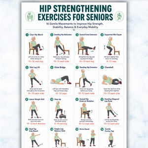 May include: A digital poster titled Hip Strengthening Exercises for Seniors featuring 16 illustrated movements with instructions. The chart includes exercises like chair marches, squats, and glute bridges, formatted for A4 and US Letter paper sizes.