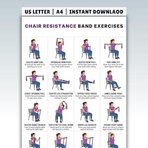 May include: A white poster with the text "CHAIR RESISTANCE BAND EXERCISES" and illustrations of exercises. The exercises include arm curls, overhead presses, and leg stretches. The poster is designed for instant download.