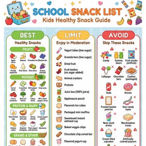 May include: A digital school snack list guide featuring three columns labeled Best, Limit, and Avoid. The chart includes colorful illustrations of various fruits, vegetables, proteins, and grains, with text categorizing healthy food choices for children.