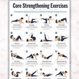 Könnte beinhalten: Ein weißes Informationsplakat mit dem Titel Core Strengthening Exercises, das 16 nummerierte Illustrationen einer Person in türkisfarbener Sportkleidung zeigt, die verschiedene Fitnessübungen mit beschreibendem Text und Wiederholungszahlen ausführt.