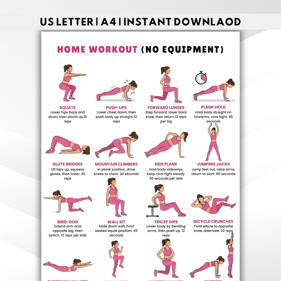Home Workout Printable – 16 No Equipment Exercises | Fitness Exercise ...