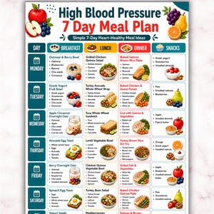 May include: A printable A4 and US Letter meal plan chart titled High Blood Pressure 7 Day Meal Plan. The grid displays daily breakfast, lunch, dinner, and snack options with colorful illustrations of fruits, vegetables, and prepared meals.