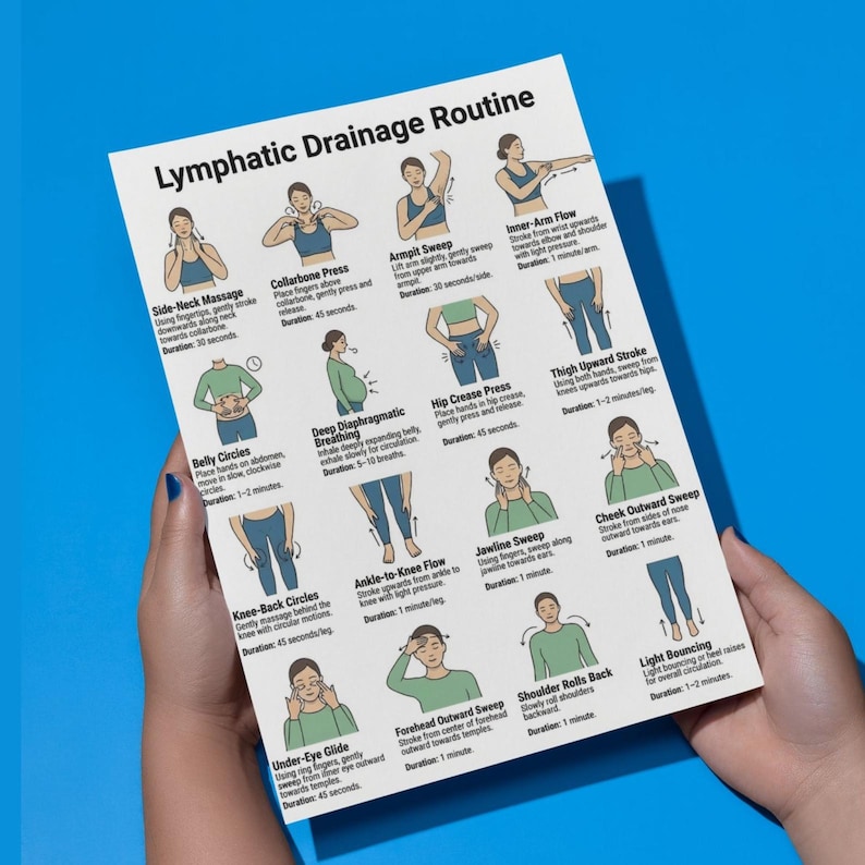 May include: A white paper titled "Lymphatic Drainage Routine" held against a blue background. The paper features illustrations and instructions for various lymphatic drainage exercises, including neck massage, armpit sweep, and belly circles.