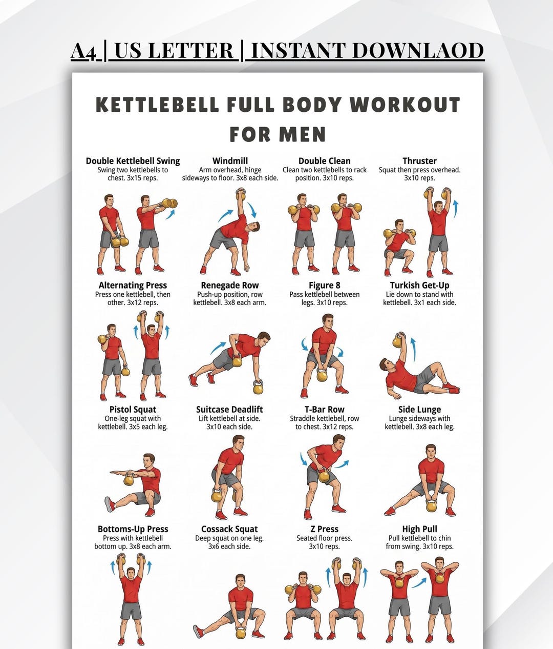Kettlebell Full Body Workout for Men PDF, Home Gym Exercise Chart for ...