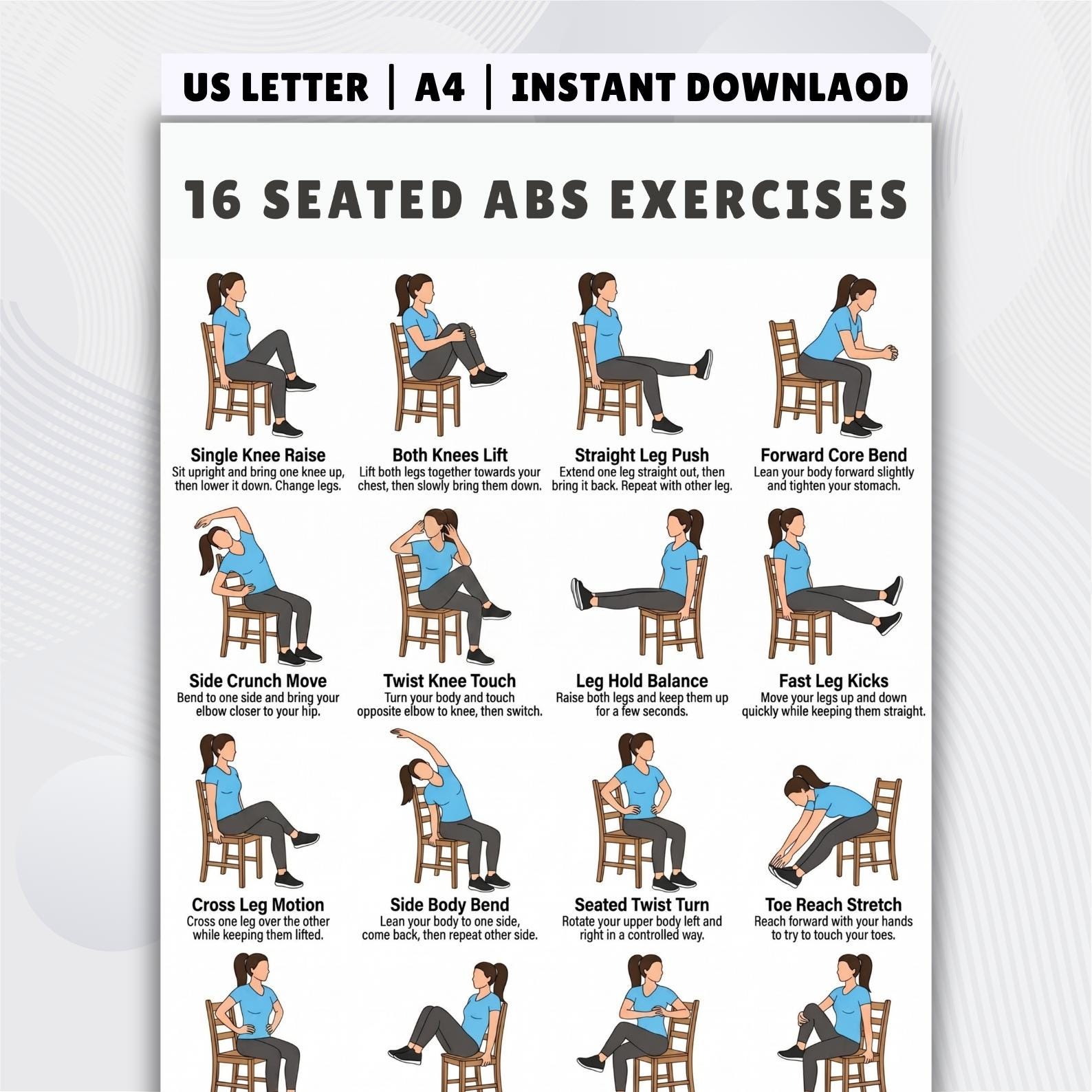 Seated Abs Exercises Printable, 16 Chair Ab Workouts, Illustrated ...