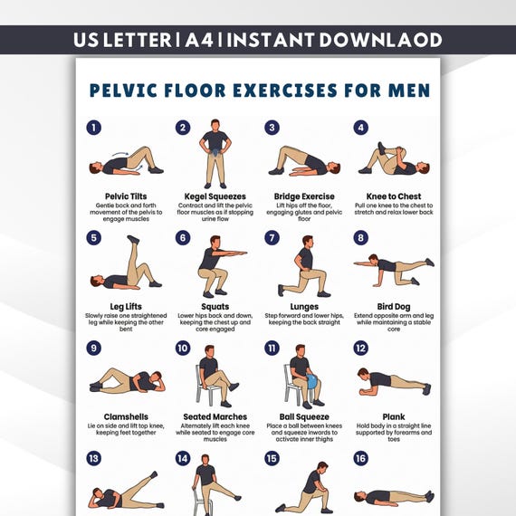 Printable Pelvic Floor Exercises for Men, Pelvic Floor Workout Chart, Kegel Exercise for Men, Home Workout Plan PDF, Exercise Chart PDF