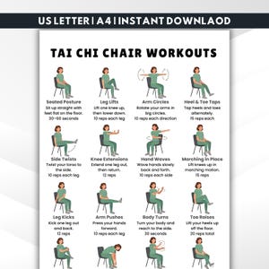 May include: A printable workout guide titled "Tai Chi Chair Workouts" with illustrations of exercises. Includes instructions for seated posture, leg lifts, arm circles, heel & toe taps, side twists, knee extensions, hand waves, marching in place, leg kicks, arm pushes, body turns, and toe raises.
