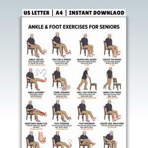 May include: A white instructional poster titled ANKLE & FOOT EXERCISES FOR SENIORS featuring illustrations of a person performing various movements. Text includes US LETTER | A4 | INSTANT DOWNLAOD and descriptions for exercises like Ankle Circles.