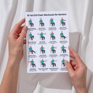 May include: A white paper with the title "16 Tai Chi Chair Workouts for Seniors" is held by a person. The paper features illustrations of exercises, including breathing, neck circles, shoulder rolls, and wrist circles. The exercises are designed for seniors.