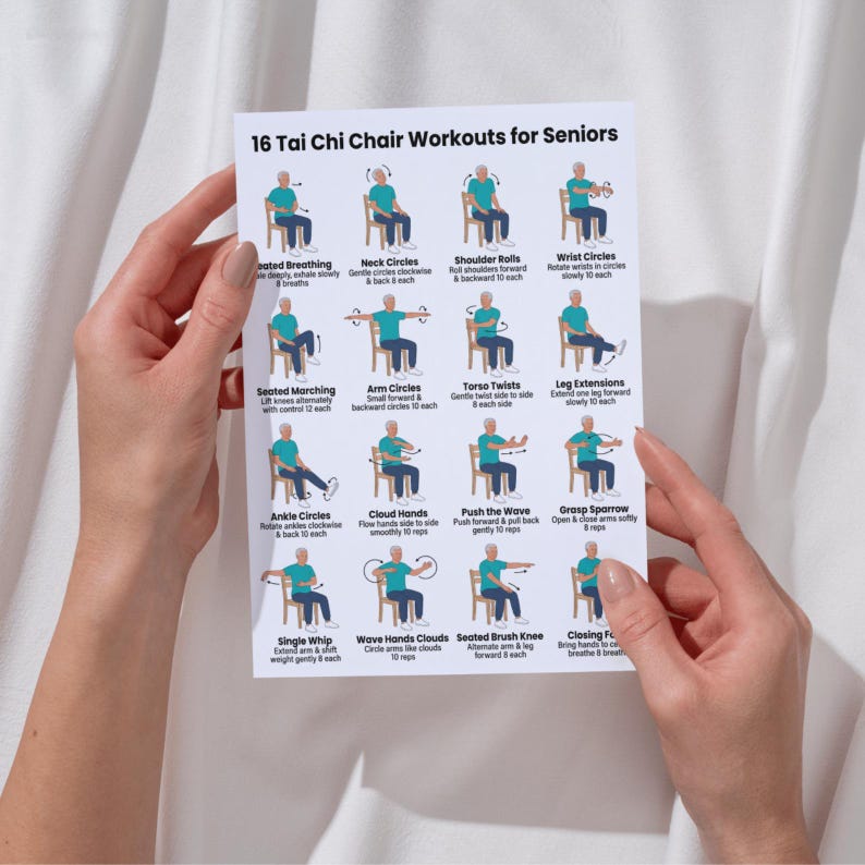 May include: A white paper with the title "16 Tai Chi Chair Workouts for Seniors" is held by a person. The paper features illustrations of exercises, including breathing, neck circles, shoulder rolls, and wrist circles. The exercises are designed for seniors.