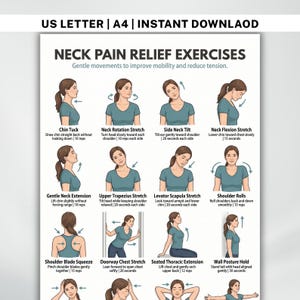 May include: A printable guide titled "NECK PAIN RELIEF EXERCISES" with illustrations demonstrating stretches. The exercises include Chin Tuck, Neck Rotation, Side Neck Tilt, and others. The guide is designed to improve mobility and reduce tension.