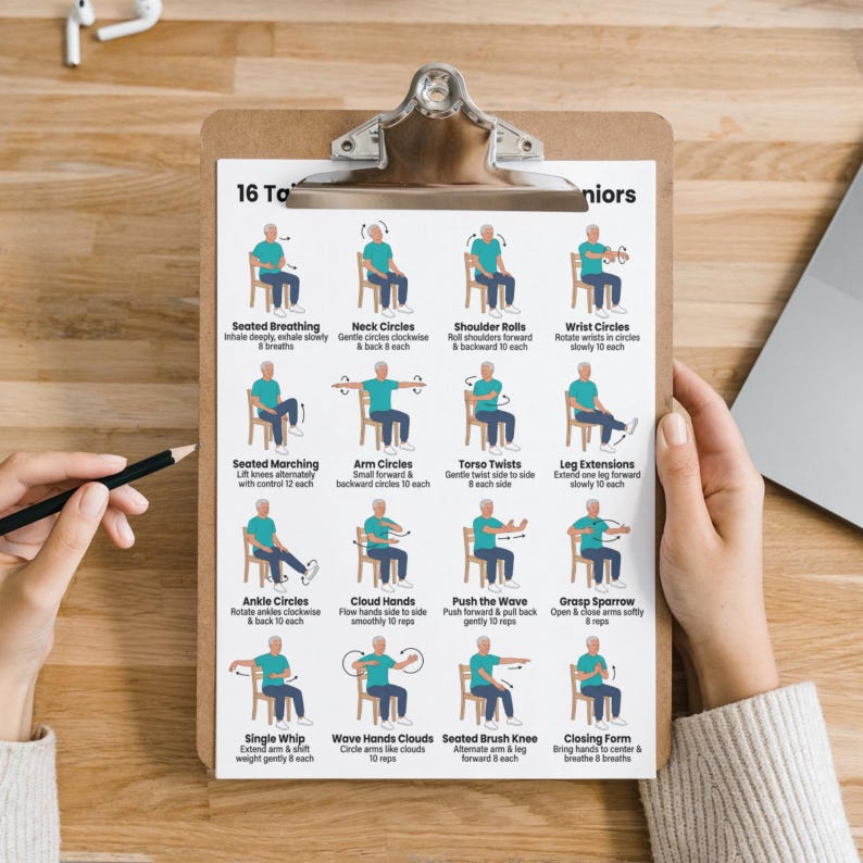 May include: A clipboard with a printed guide for 16 exercises for seniors. The guide features illustrations of seated exercises, including breathing, neck circles, shoulder rolls, wrist circles, and leg extensions. The clipboard is held by a person.