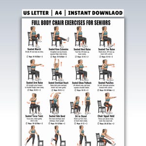 Full Body Chair Exercises For Seniors, Seated Exercise Chart, Seated Workout, Sitting No Equipment Elderly Home Fitness, Low Impact Gentle