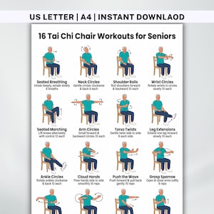 May include: A printable guide titled "16 Tai Chi Chair Workouts for Seniors" in a US Letter format. The guide features illustrations of exercises like Seated Breathing, Neck Circles, and Leg Extensions. The exercises are designed for seniors.