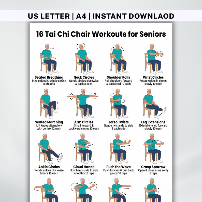 May include: A printable guide titled "16 Tai Chi Chair Workouts for Seniors" in a US Letter format. The guide features illustrations of exercises like Seated Breathing, Neck Circles, and Leg Extensions. The exercises are designed for seniors.