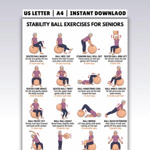Stability Ball Exercises for Seniors | Balance & Core Printable Workout Chart | Gentle Low Impact Ball Workout Poster PDF for Older Adults