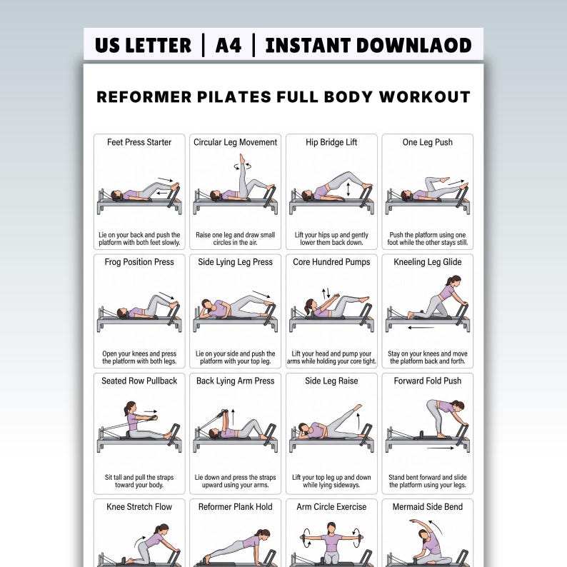 May include: A white printable showing a Reformer Pilates full-body workout routine. The layout includes illustrated exercise diagrams with instructions, such as "Feet Press Starter" and "Circular Leg Movement". The text at the top reads "US LETTER | A4 | INSTANT DOWNLOAD".