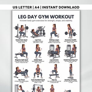 Peut inclure: Un tableau d'entraînement imprimable intitulé "LEG DAY GYM WORKOUT" avec 16 exercices pour le bas du corps. Chaque exercice est illustré avec une personne effectuant le mouvement, y compris le squat arrière à la barre, la presse à jambes et les fentes marchantes.