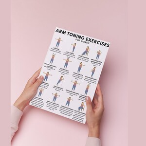 Op de afbeelding: Een witte poster met de titel "ARM TONING EXERCISES FOR WOMEN" wordt door een persoon vastgehouden. De poster bevat ge&iuml;llustreerde oefeningen, waaronder armspins, muurduwen, stoelarmdrops en armkrullen. De achtergrond is effen roze.