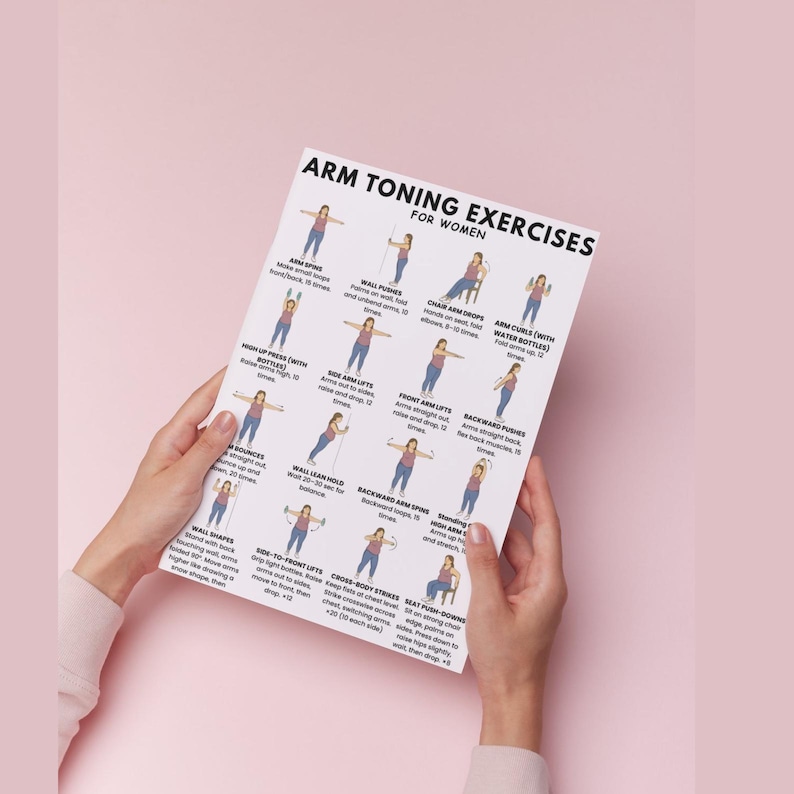 Op de afbeelding: Een witte poster met de titel "ARM TONING EXERCISES FOR WOMEN" wordt door een persoon vastgehouden. De poster bevat ge&iuml;llustreerde oefeningen, waaronder armspins, muurduwen, stoelarmdrops en armkrullen. De achtergrond is effen roze.