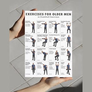 May include: A white paper titled "EXERCISES FOR OLDER MEN" with 16 dumbbell exercises. The paper shows illustrations of exercises like bicep curls, front raises, side bends, and deadlifts. The paper is held by a person.