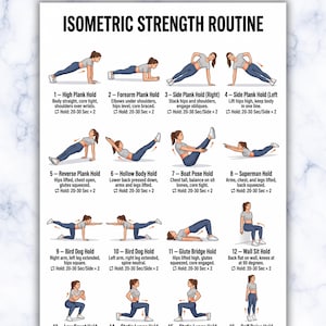 May include: A white informational poster titled Isometric Strength Routine featuring sixteen illustrated exercise poses with descriptive text and instructions for each movement, including planks, lunges, and squats, formatted for A4 and US Letter paper sizes.