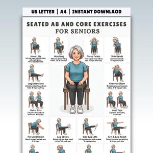 Puede incluir: Un póster titulado "EJERCICIOS DE ABDOMINALES Y CORE SENTADOS PARA PERSONAS MAYORES" con ilustraciones de varios ejercicios. Los ejercicios incluyen elevaciones de rodillas, marcha, giros de torso, flexiones laterales, extensiones de piernas, inclinaciones pélvicas, rodilla-codo, etc.