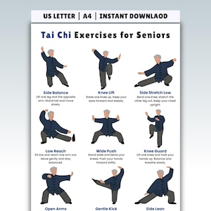 Może przedstawiać: Biały plakat z ćwiczeniami Tai Chi dla seniorów, z ilustracjami i instrukcjami dla każdej pozycji. Plakat zawiera tekst "Tai Chi Exercises for Seniors" i "US LETTER | A4 | INSTANT DOWNLOAD". Ćwiczenia obejmują "Side Balance" i "Knee Lift".