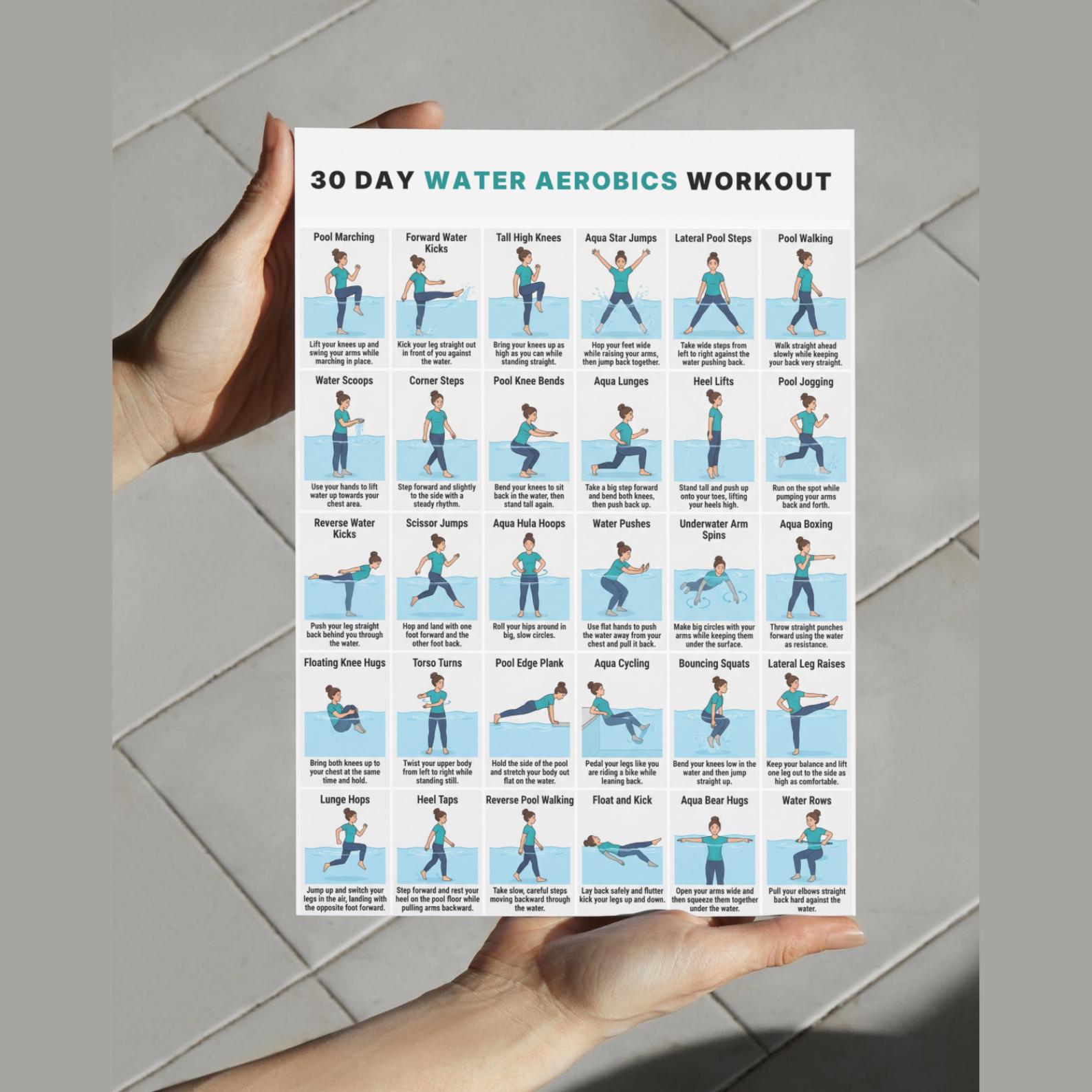 Water Yoga Routine Printable 30 Day Water Aerobics Workout Challenge Printable, Pool Workout Plan ...
