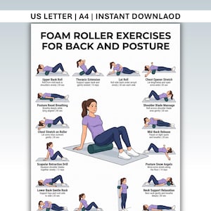 Peut inclure: Une affiche présentant des exercices avec un rouleau en mousse pour le dos et la posture. L'affiche comprend des illustrations d'exercices tels que le roulement du haut du dos, l'extension thoracique et le roulement latéral. Le texte "US LETTER | A4 | INSTANT DOWNLOAD" est en haut.